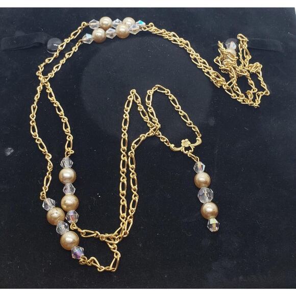 Vintage Gold Tone Chain Necklace Faux Pearl Aurora Borealis Crystal Beads LONG - Picture 1 of 15